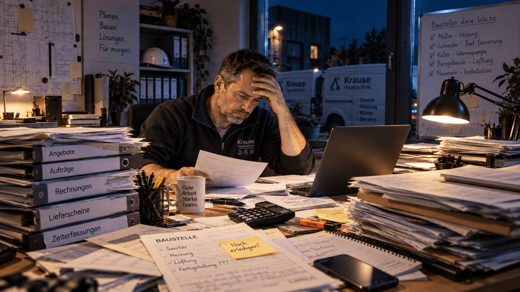 Nachtschicht Zeitmangel Zettelwirtschaft Handwerk unternehmer